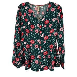 Matilda Jane Top Size S Green Floral Long Sleeve V Neck Yester Year Preppy Rose
